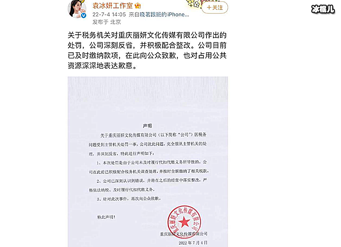 袁冰妍公司偷漏税被罚97万 工作室发文道歉,已及时缴纳款项  第2张
