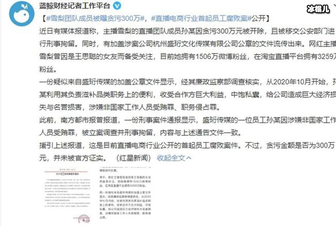 雪梨贪污300万被抓